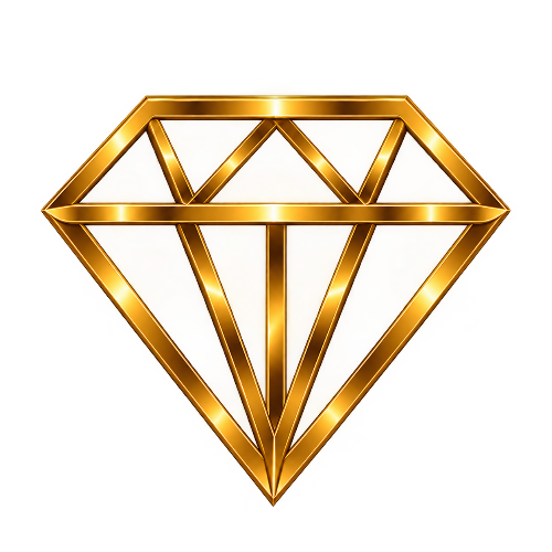 A metallic gold diamond-shaped frame or emblem on a plain white background.