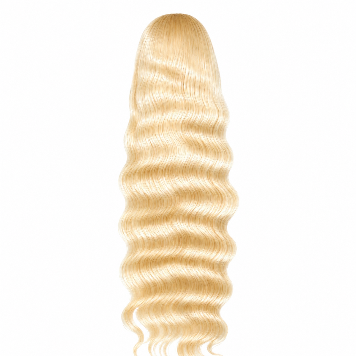 A long, straight blonde wig with deep wave curls, shown from the back against a solid white background.