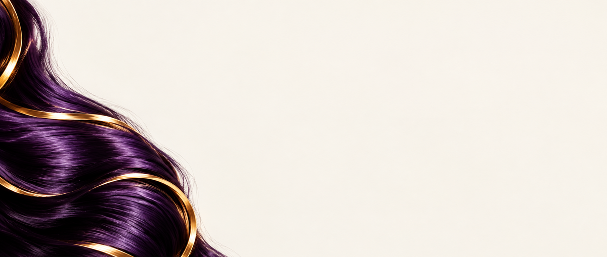Wavy dark purple hair with metallic gold rings, cropped on the left side against a plain off-white background.