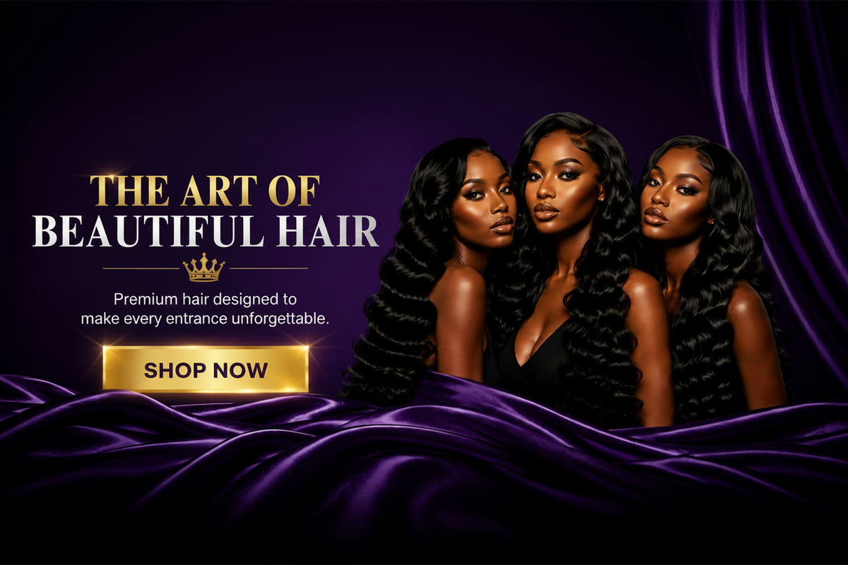 Promotional banner for hair extensions or wigs featuring three Black women with long, glossy, black, curled hair against a purple satin background. The text reads 'THE ART OF BEAUTIFUL HAIR' with a gold crown icon, a 'SHOP NOW' button, and purple draped fabric at the bottom.